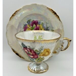 Enesco Teacup Saucer Lusterware August Poppy Footed Japan Vintage Floral